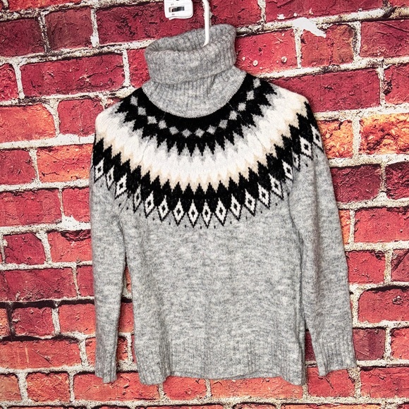 ASPEN Nordic Fair Isle Turtleneck Sweater Gray Black Size XS Cozy Winter - Picture 3 of 11